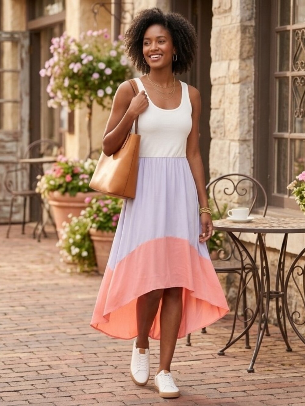 HUTCH Colorblock High-Low Maxi Dress White Pastel Blue Coral Pink M USA